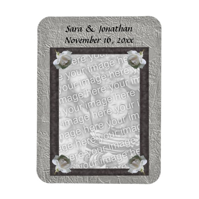 White Roses Photo Frame Personalized Wedding Magnet (Vertical)