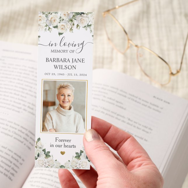 White Roses Photo Funeral Celebration of Life Bookmarks (Hand)