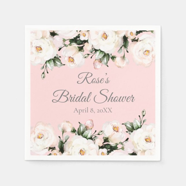 White Roses | Pink Bridal Shower Napkins (Front)