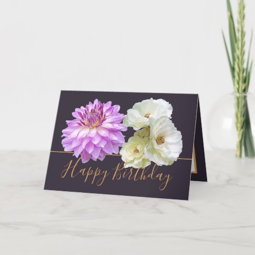 White Roses  Pink Dahlia Floral Bouquet Birthday Card