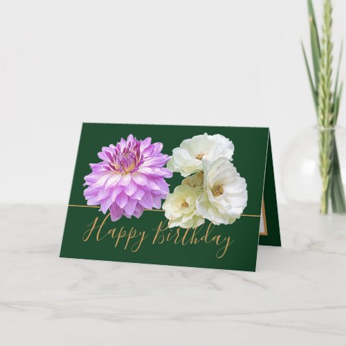 White Roses  Pink Dahlia Floral Bouquet Birthday Card