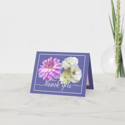 White Roses  Pink Dahlia Floral Bouquet Thank You Card