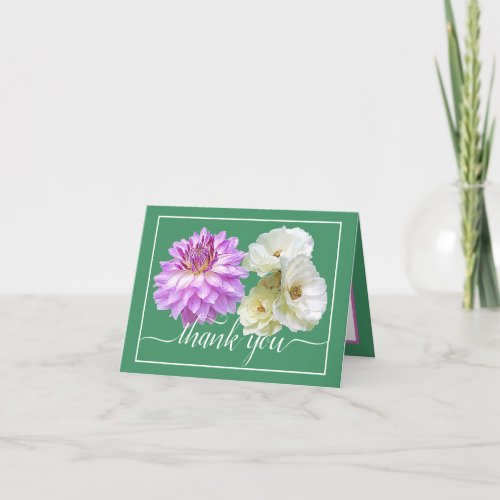 White Roses  Pink Dahlia Floral Bouquet Thank You Card