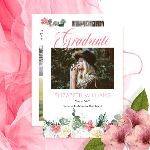 White Roses  Pink Orchid 4 Photo Collage Graduate  Announcement