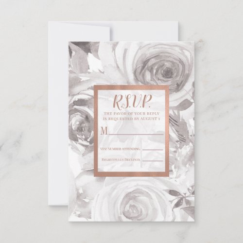 White Roses Pink Rose Gold Modern Wedding RSVP