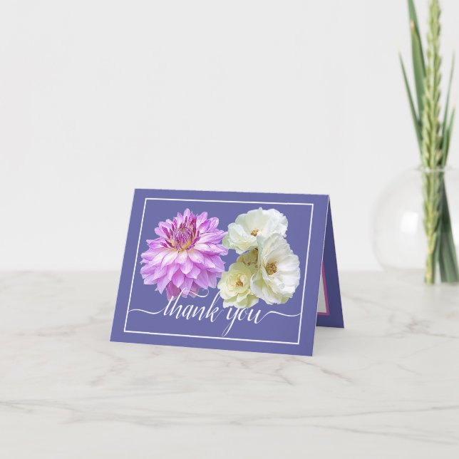 White Roses Purple Dahlia Chic Botanical Thank You Card (Front)