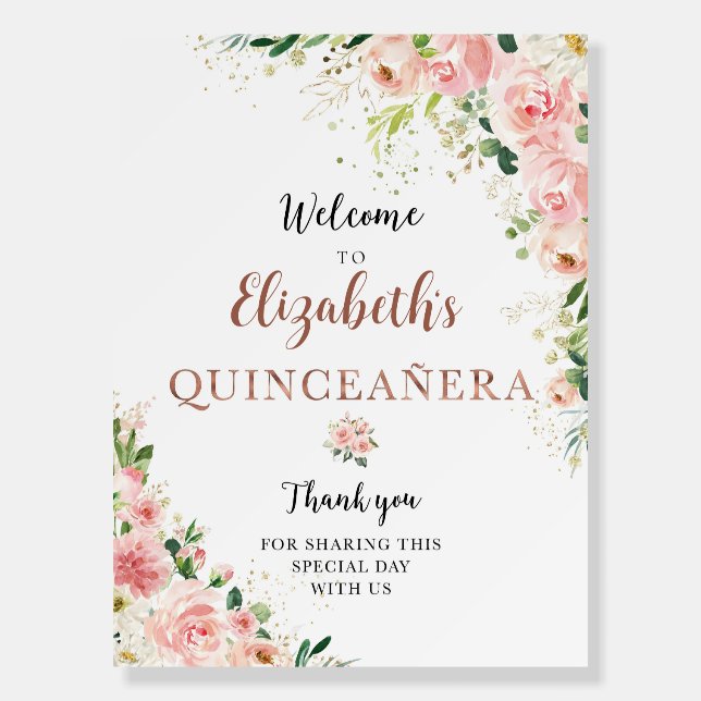 White roses Quinceañera Welcome Sign, Quinceanera  Foam Board (Front)