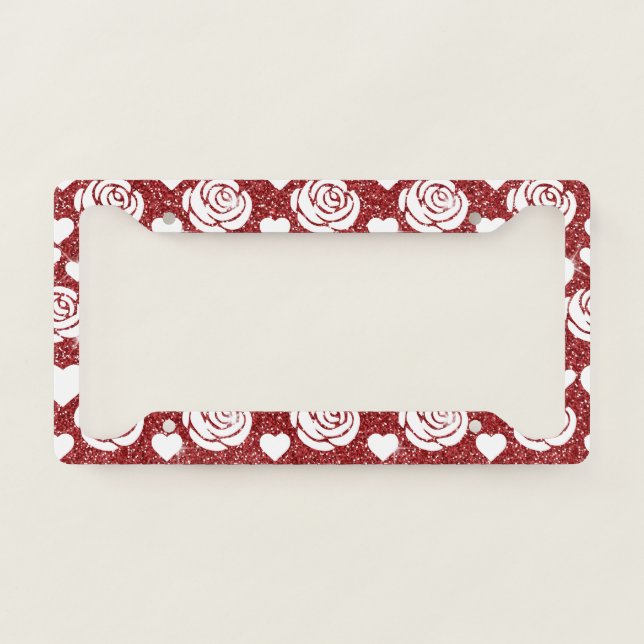 White Roses Red Glitter Flowers Lovers Floral License Plate Frame (Front)