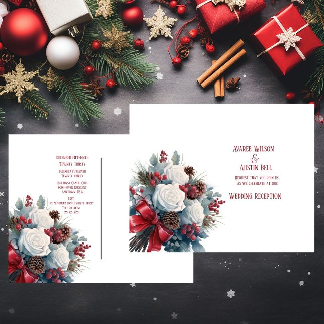 White Roses Red Ribbon Christmas Wedding Postcard (Creator Uploaded)