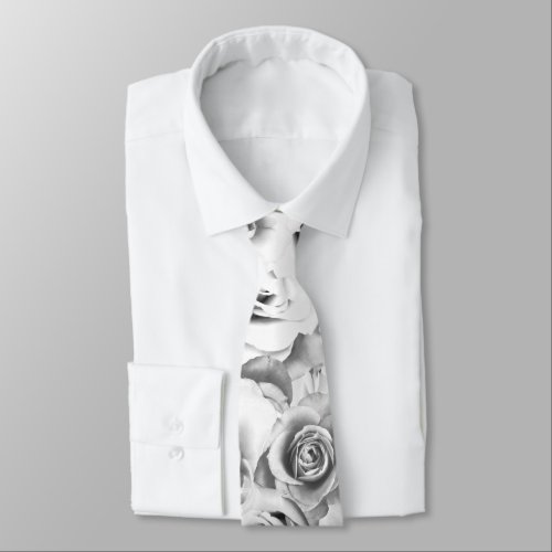 White Roses Repeating Floral Pattern Neck Tie