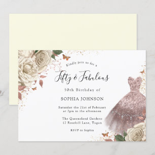 White Roses Rose Gold Sparkle Dress 50th Birthday Invitation