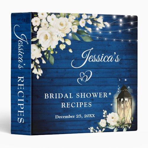 White Roses Royal Blue Bridal Shower Recipe Binder