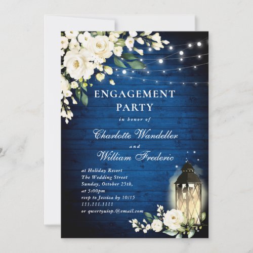 White Roses Royal Blue Lantern ENGAGEMENT PARTY Invitation