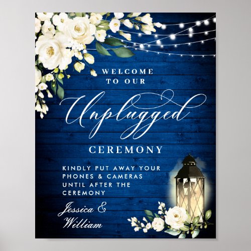 White Roses Royal Blue Unplugged Wedding Ceremony Poster