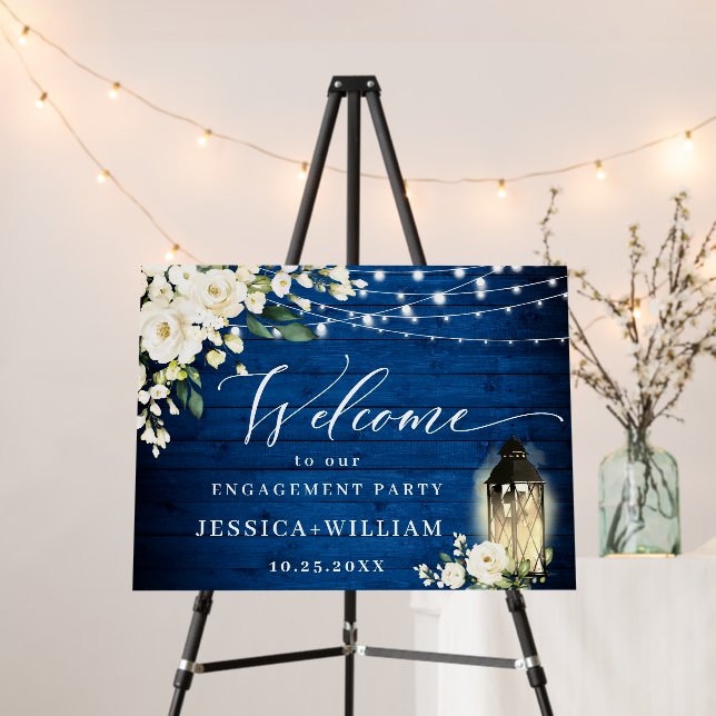 White Roses Royal Blue Wood ENGAGEMENT PARTY Foam Board (In Situ (Stand))