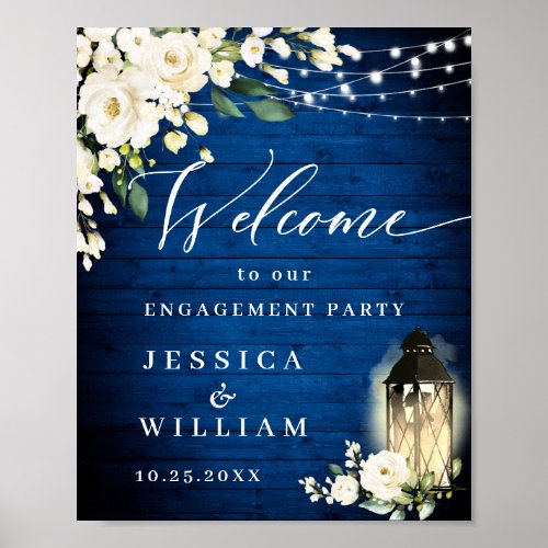 White Roses Royal Blue Wood Engagement Party Poster