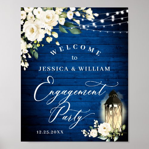 White Roses Royal Blue Wood Engagement Party Poster