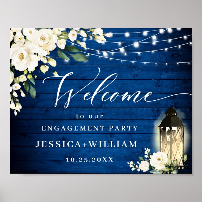 White Roses Royal Blue Wood ENGAGEMENT PARTY Poster (Front)