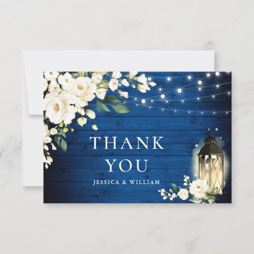 White Roses Royal Blue Wood Lantern Boho Wedding Thank You Card