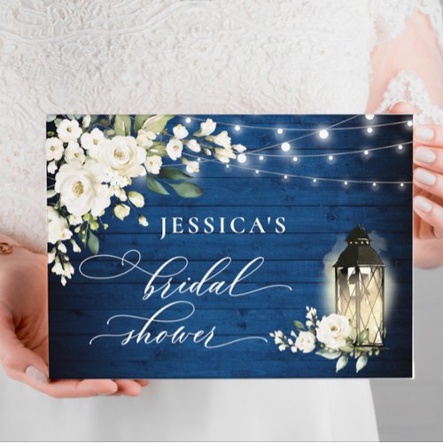 White Roses Royal Blue Wood Lantern Bridal Shower Guest Book