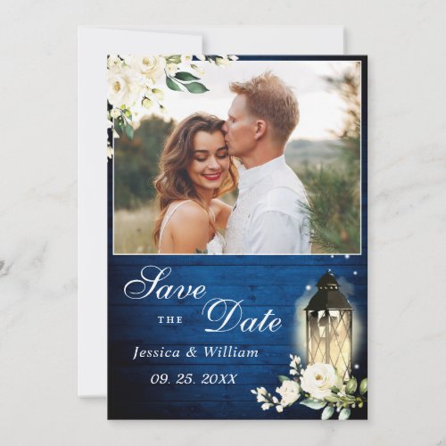 White Roses Royal Blue Wood Lantern Photo Wedding Save The Date