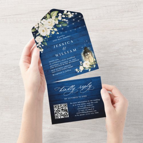 White Roses Royal Blue Wood Lantern QR code All In One Invitation
