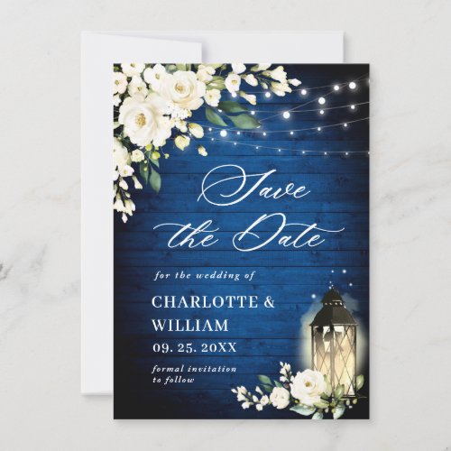 White Roses  Royal Blue Wood Lantern QR code Save The Date