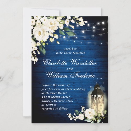 White Roses  Royal Blue Wood Lantern Watercolor Invitation