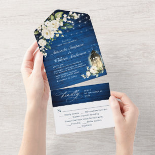 White Roses Royal Blue Wood Lantern Wedding All In One Invitation