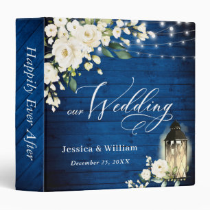 White Roses Royal Blue Wood Lantern Wedding Binder