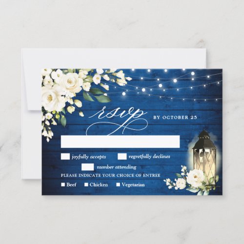 White Roses Royal Blue Wood Lantern Wedding RSVP Card