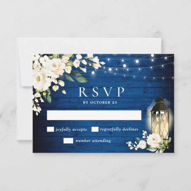 White Roses Royal Blue Wood Lantern Wedding RSVP Card (Front)