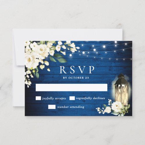 White Roses Royal Blue Wood Lantern Wedding RSVP Card