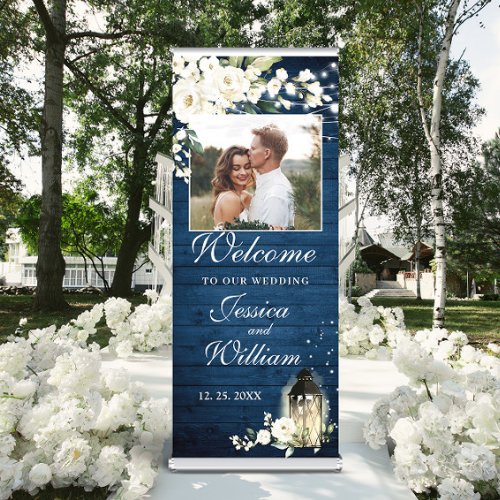 White Roses Royal Blue Wood PHOTO Wedding Welcome Retractable Banner