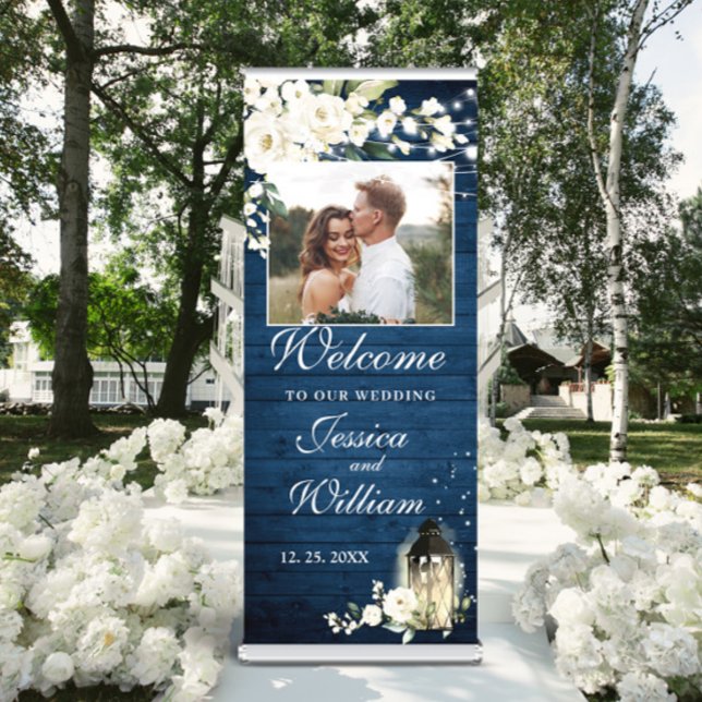 White Roses Royal Blue Wood PHOTO Wedding Welcome Retractable Banner (Creator Uploaded)