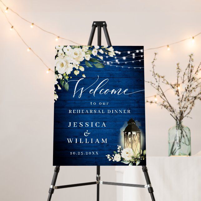 White Roses Royal Blue Wood Rehearsal Dinner Foam Board (In Situ (Stand))
