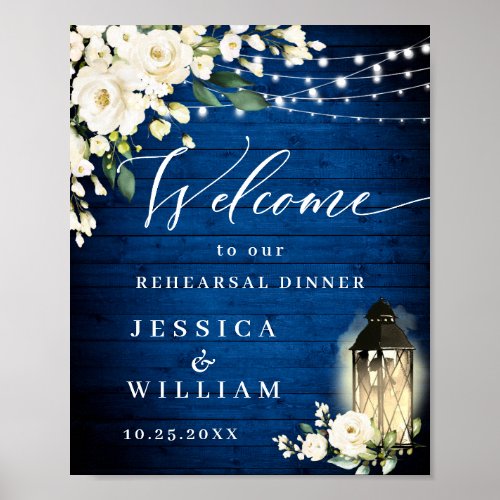 White Roses Royal Blue Wood Rehearsal Dinner Poster