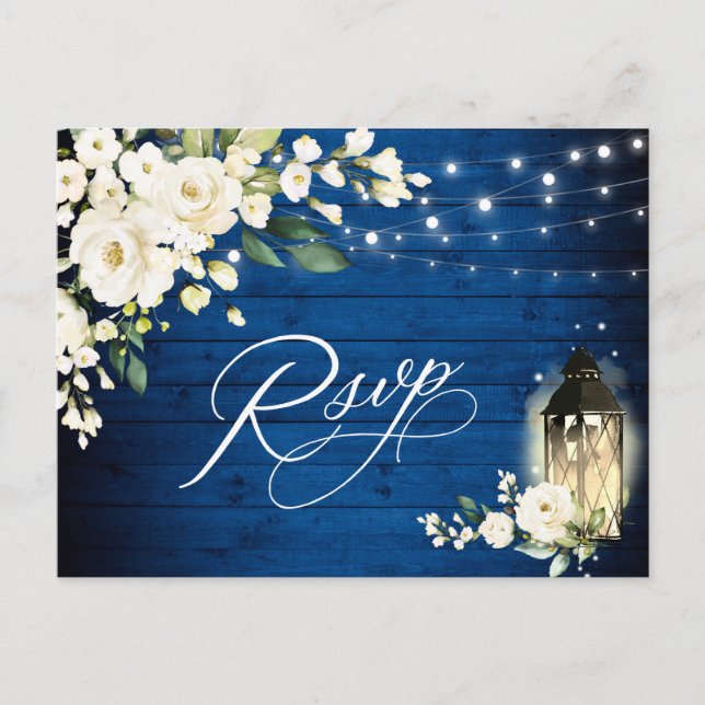 White Roses Royal Blue Wood RSVP Meal Choice Postcard (Front)