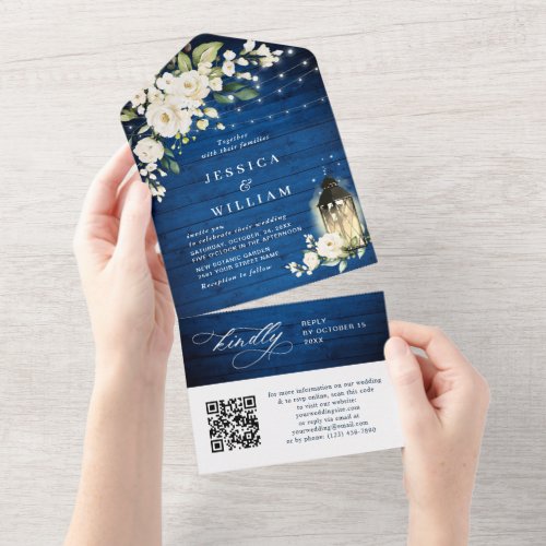 White Roses Royal Blue Wood Rustic Lantern QR code All In One Invitation