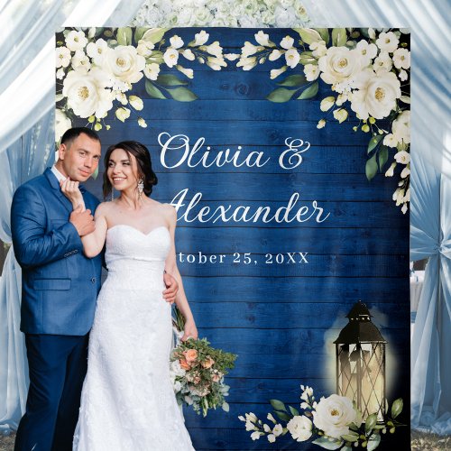 White Roses Royal Blue Wood Wedding Backdrop