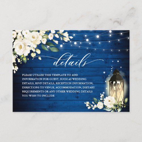 White Roses Royal Blue Wood Wedding Details Enclosure Card
