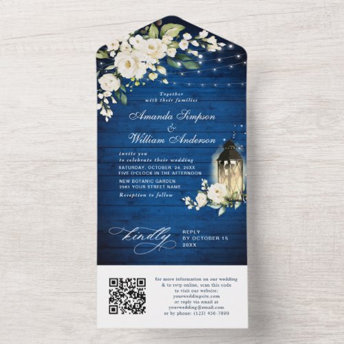 White Roses Royal Blue Wood Wedding QR code All In One Invitation
