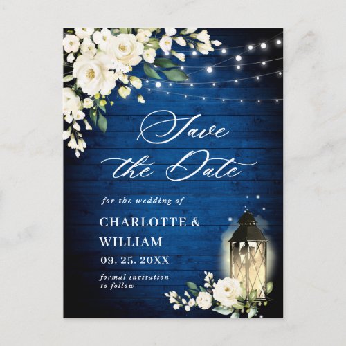 White Roses Royal Blue Wood Wedding Save the Date Postcard