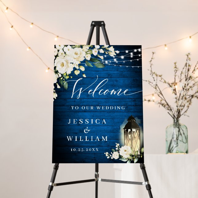 White Roses Royal Blue Wood Welcome Wedding Foam Board (In Situ (Stand))