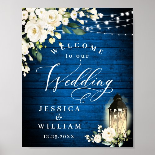 White Roses Royal Blue Wood Welcome Wedding Poster