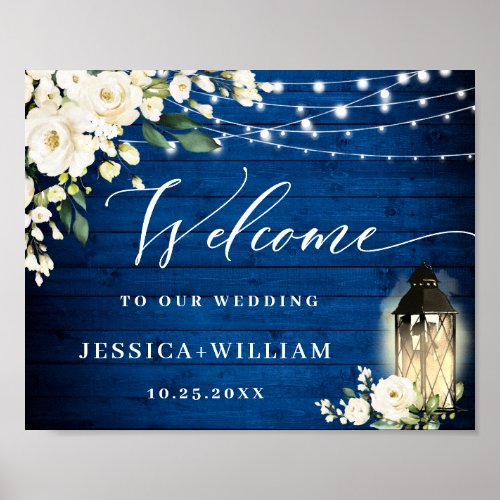 White Roses Royal Blue Wood Welcome Wedding Poster