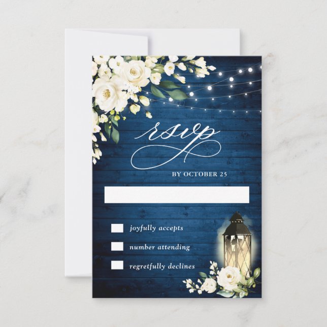 White Roses Rustic Blue Wood Lantern RSVP Card (Front)