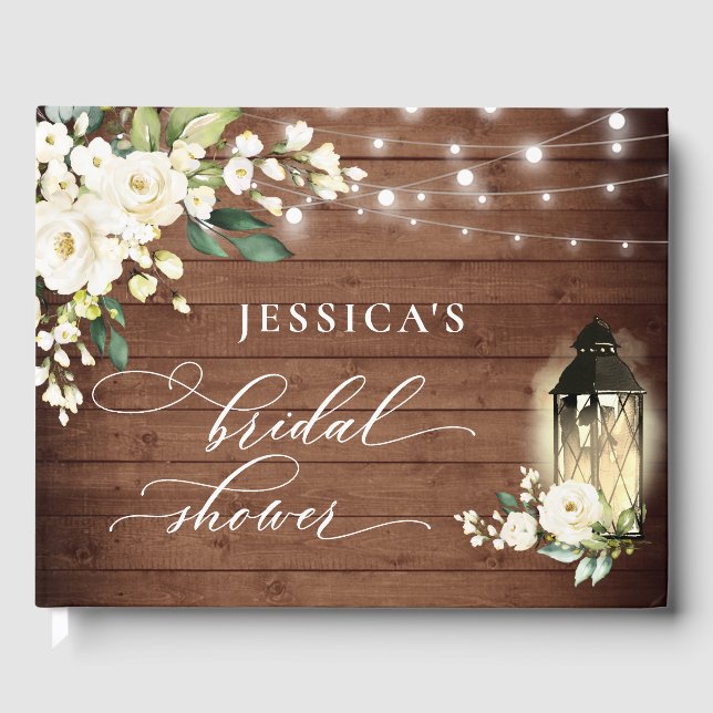 White Roses Rustic Wood Lantern Bridal Shower Guest Book (Front)