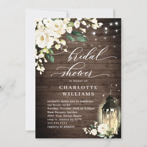 White Roses Rustic Wood Lantern Bridal Shower Invitation