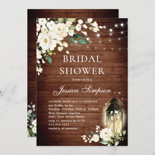 White Roses Rustic Wood Lantern Bridal Shower Invitation